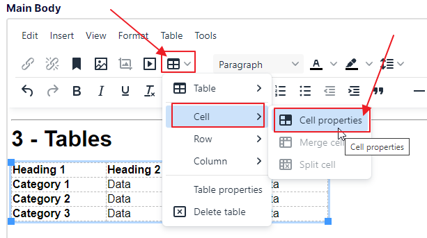 screen shot displaying the WYSIWYG table menu icon and its menu