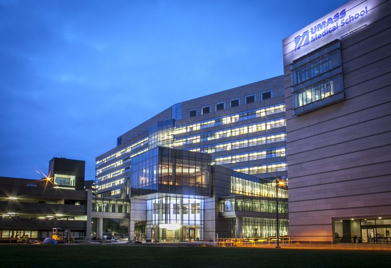 UMass Chan Campus illuminated at night