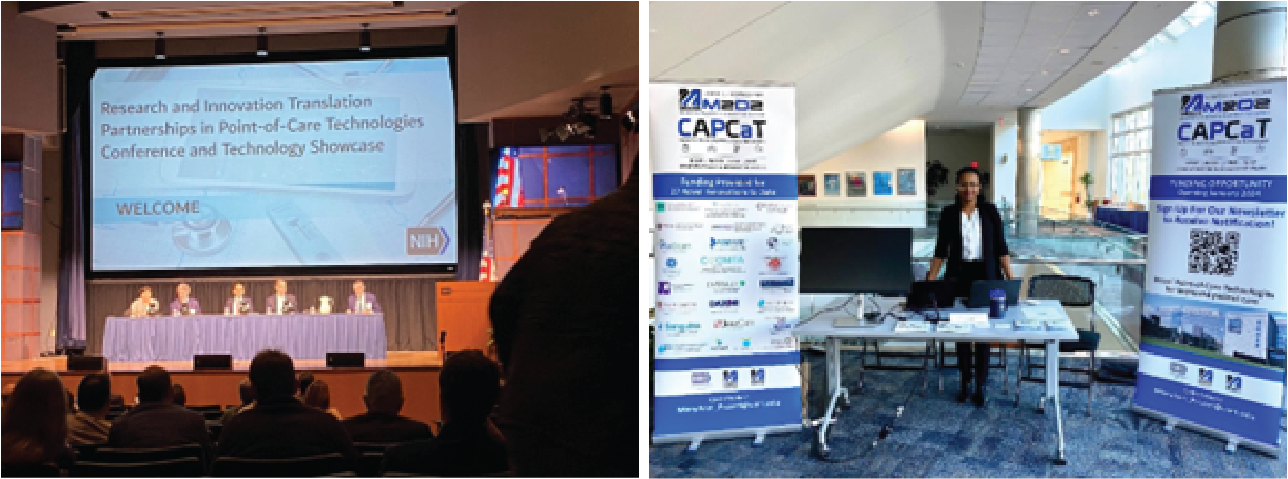 An image of people presenting at a panel at the Point-Of-Care Tech Event and an image of a person standing at a table with CAPCaT handouts and information