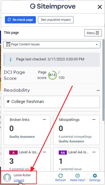 plugin in opened state, noting name and logout link for user