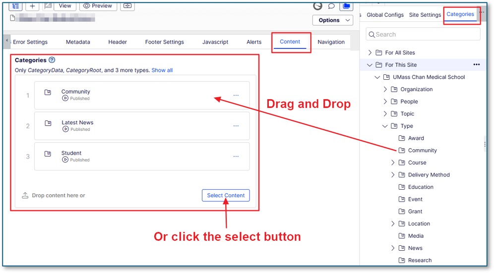 Screenshot of the Optimizely CMS content editing interface showing how to assign categories to a content item. Drag and drop the category from the Category tree in the right pane.