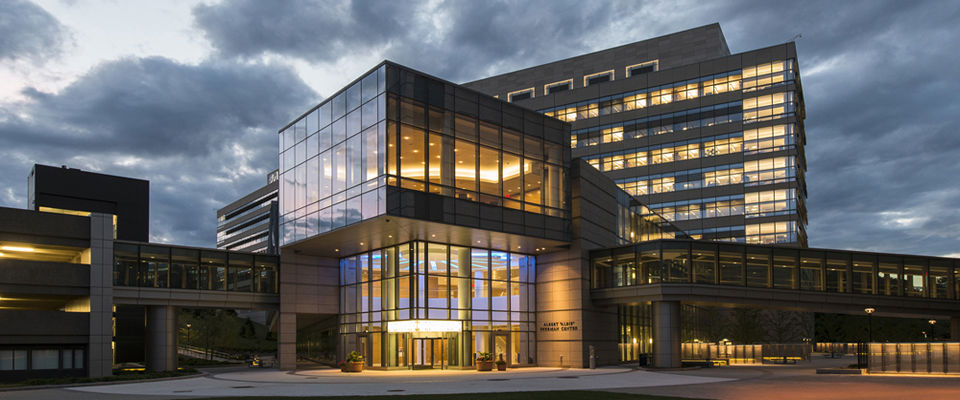 UMass Chan Albert Sherman Center building against an evening sky