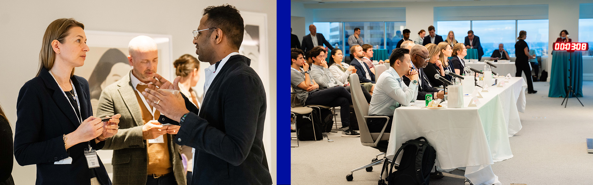 Left image: Two CAPCaT participants speaking with one another. Right image: A panel of speakers sitting at a table