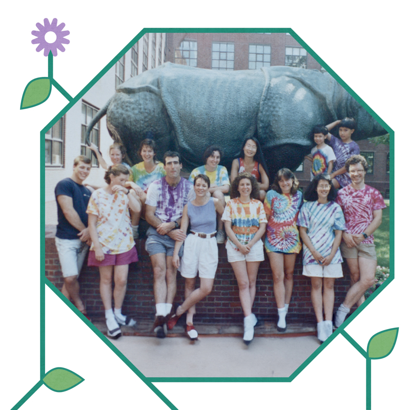 A photo from 1990 with Victor Ambros and Rosalind “Candy” Lee and their lab at Harvard University celebrating with mentee Craig Mello