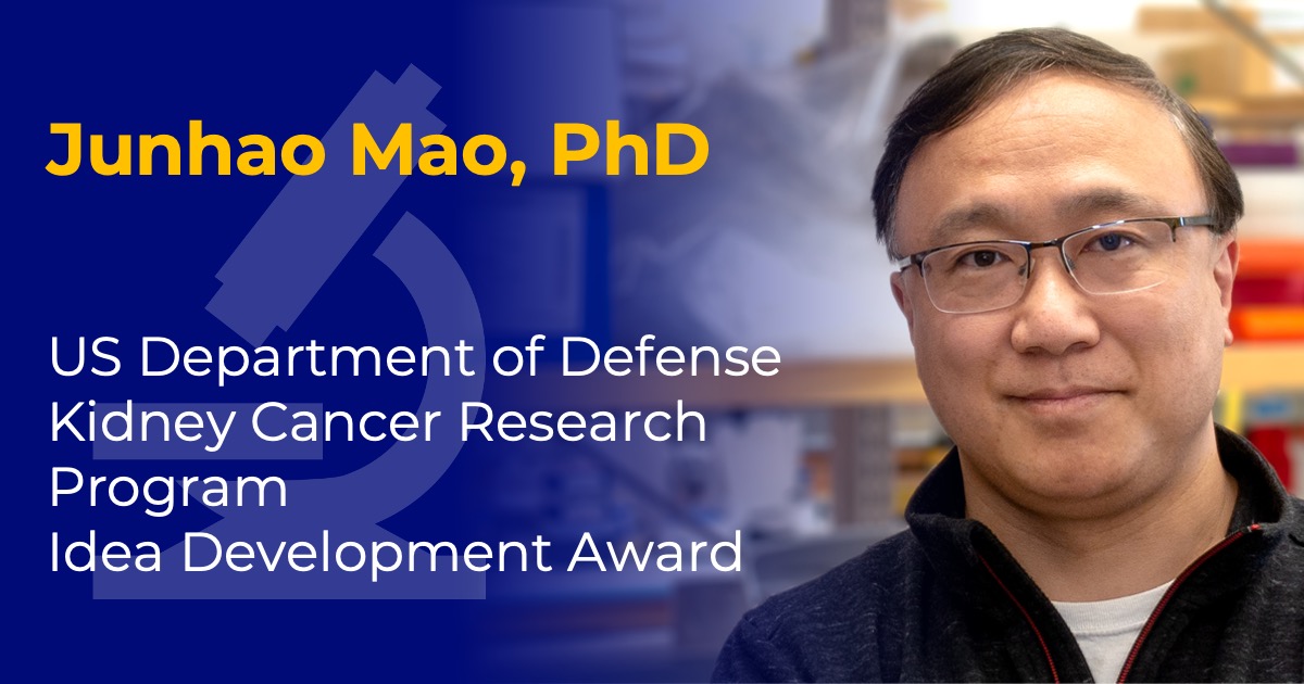Headshot of Junhao Mao with overlaid text reading “Junhao Mao, PhD” and “US DoD KCRP Idea Development Award."