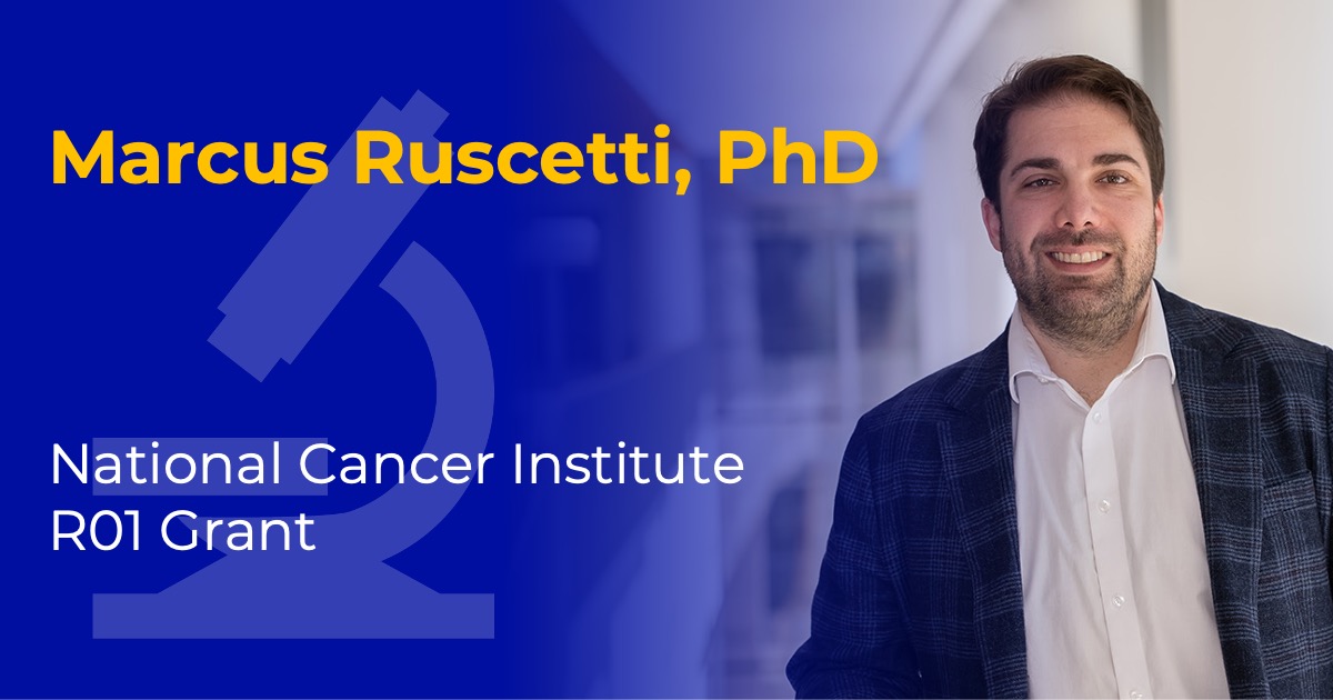 Headshot of Marcus Ruscetti with overlaid text reading “Marcus Ruscetti, PhD” and “National Cancer Institute R01 Grant.”