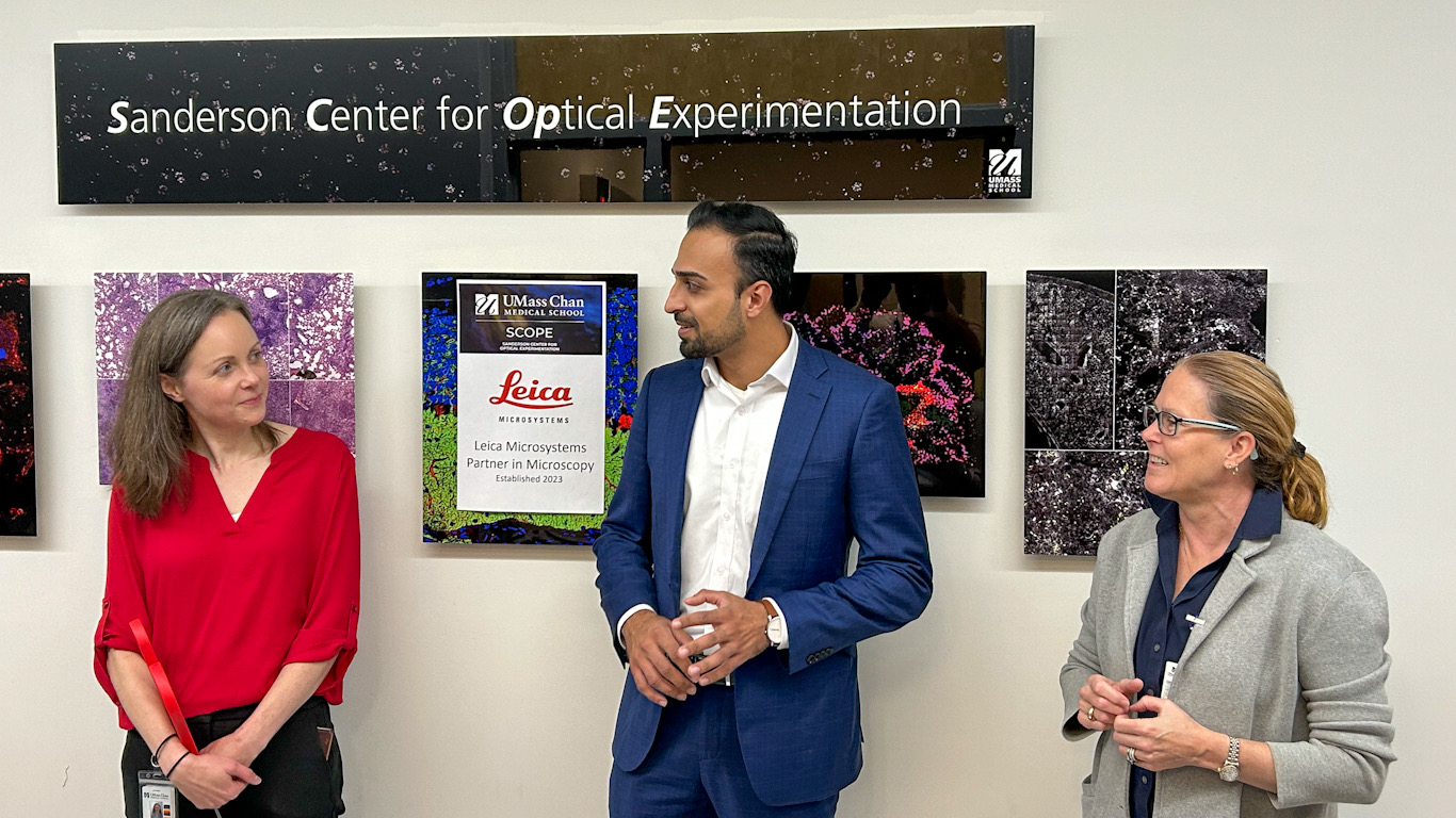 Director Dr. Chrstina Baer and Department of Microbiology Chair Dr. Beth McCormick welcome Leica to UMass Chan to announce partnership