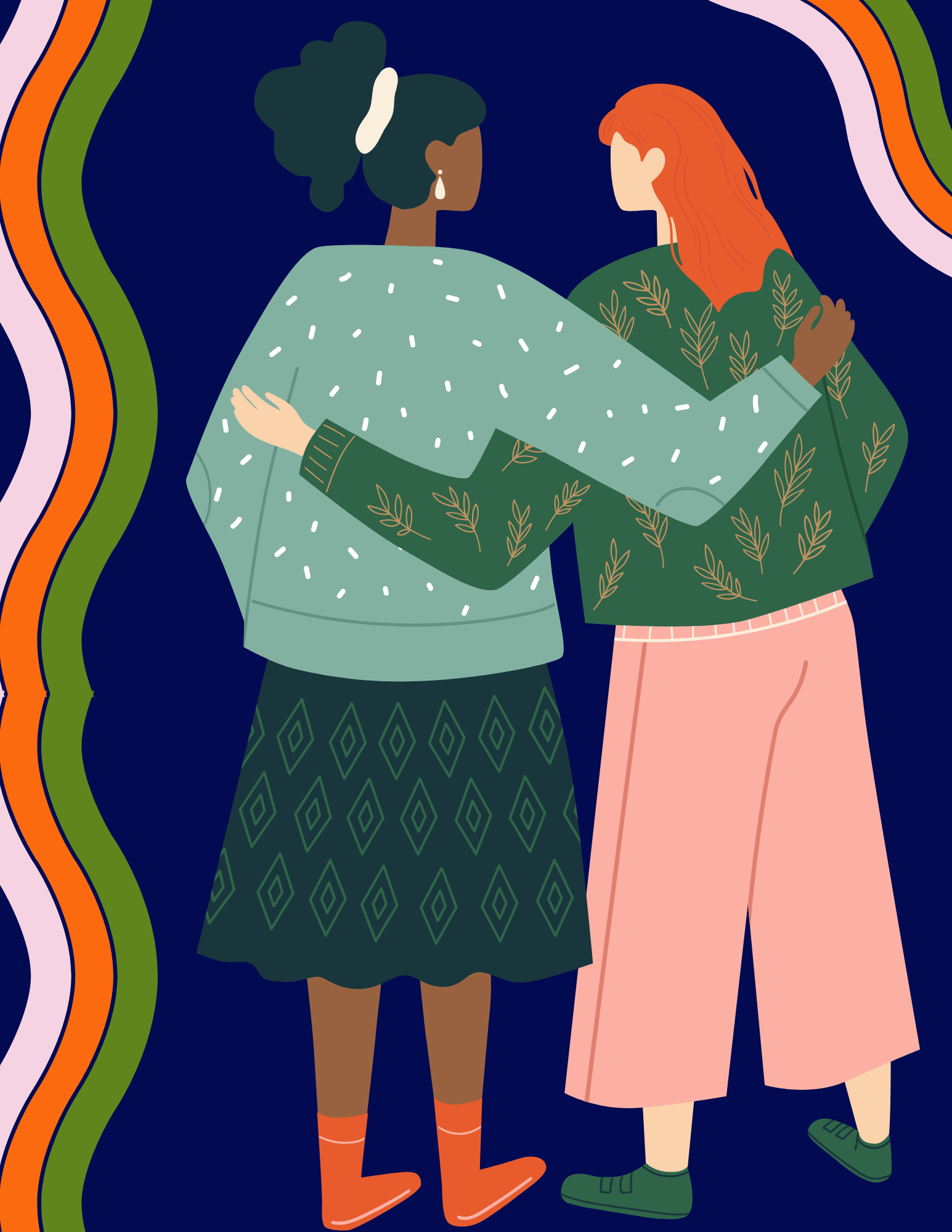 2 ethnic cartoon women with arms around each other 