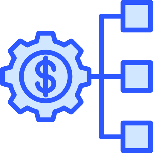 sprocket with dollar sign in the middle and 3 boxes to the right showing breakdown 