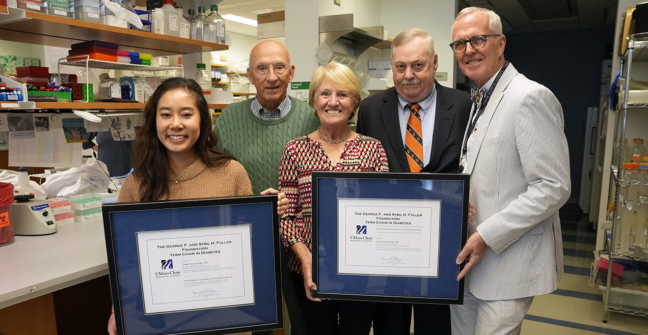 Photo of Tammy T. Nguyen, MD, PhD; Mark Fuller; and Janice Fuller; David Hallock; and David M. Harlan, MD