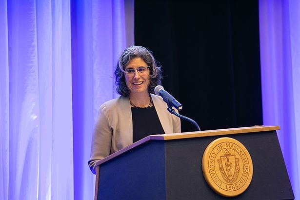 Mary Ellen Lane, dean of the GSBS, offers remarks.