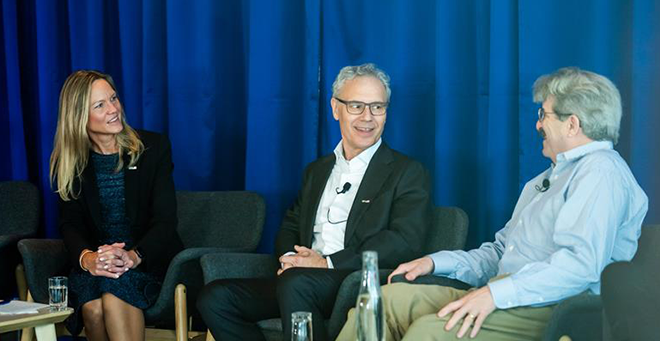 Victor R. Ambros, PhD on stage with Gary B. Ruvkun, PhD (right), and symposium moderator, Maria Brogen, PhD /Courtesy: Konstantin Golubchik for Embassy of Sweden